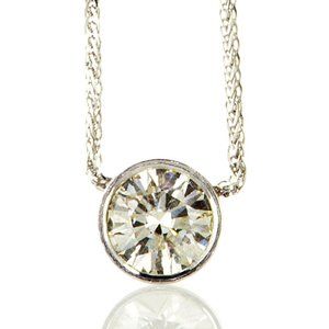 Round Diamond Bezel Pendant Necklace Solitaire 14K White Gold 0.93 Carat